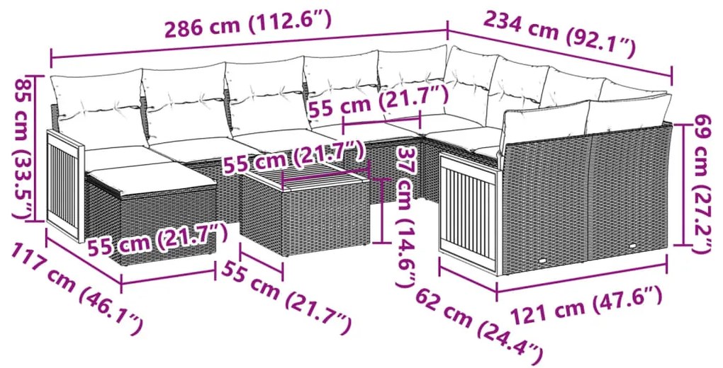 11 pcs conjunto sofás de jardim c/ almofadões vime PE preto