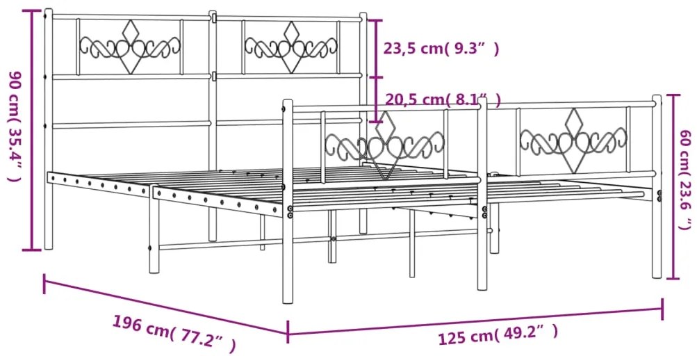 Estrutura de cama com cabeceira e pés 120x190 cm metal branco