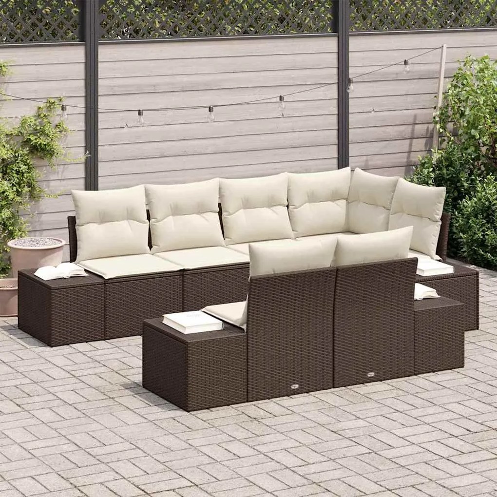 Conjunto de Sofá de Jardim com 7 Peças e Almofadas Castanhas em Rattan