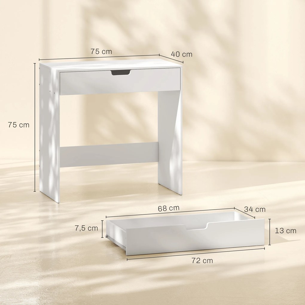 Toucador de Maquilhagem, 75 x 40 x 75 cm (BANCO NÃO INCLUIDO), Gaveta de Largura Total, Branco