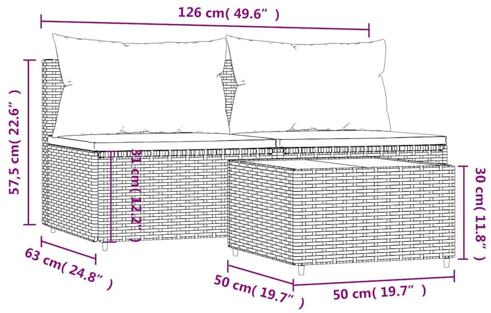 3 pcs conjunto lounge de jardim c/ almofadões vime PE cinzento