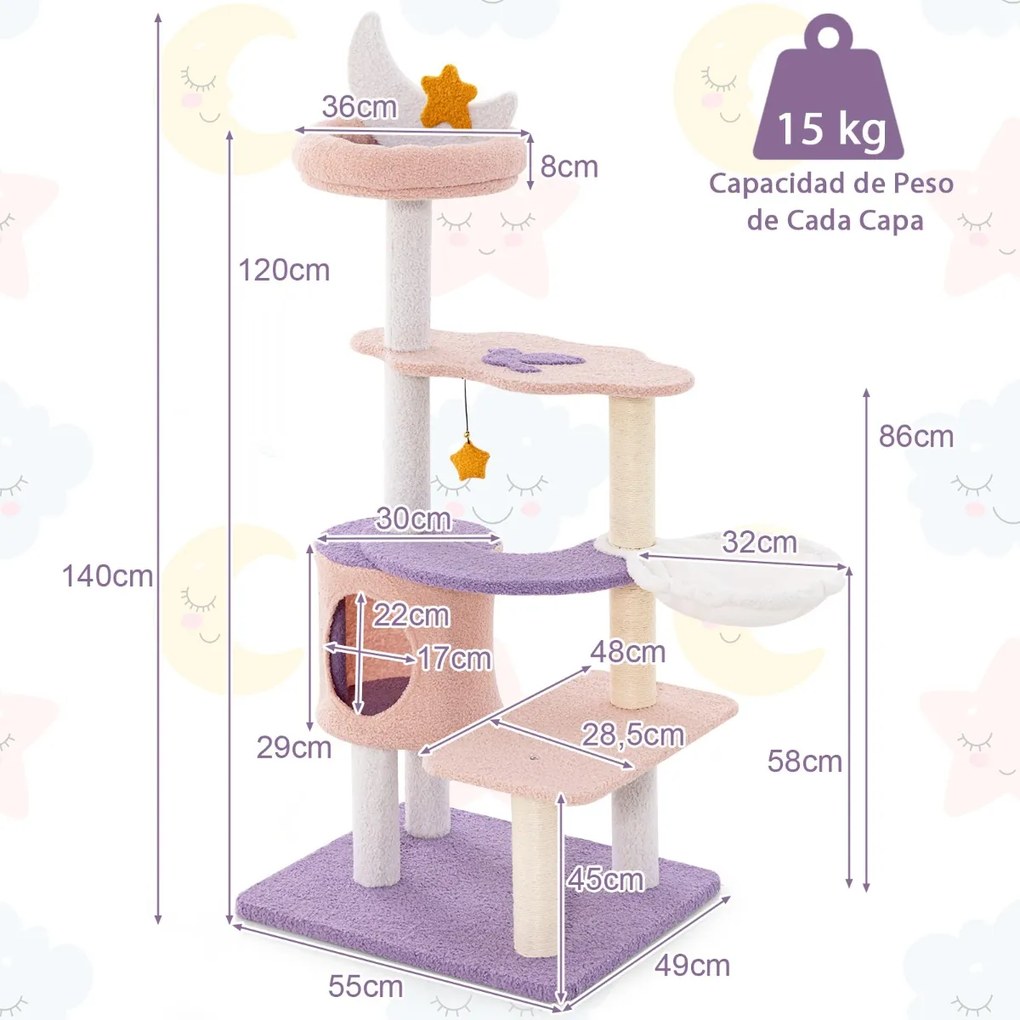 Arranhador para gatos de vários níveis com poste de arranhar coberto de sisal Rede de pelúcia brinquedos Roxo