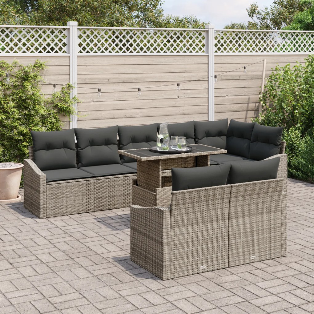 Conjunto de Sofá para Jardim de 9 Peças com Almofadas Cinza Rattan Pol