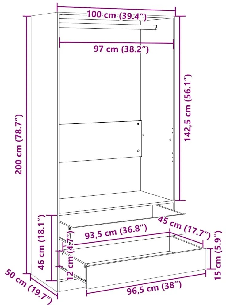 Roupeiro 100x50x200 cm derivados de madeira cinzento sonoma