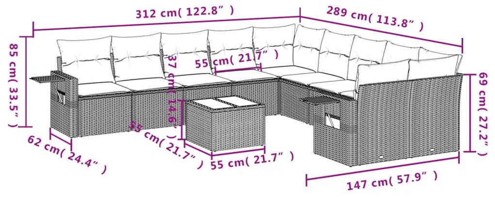 11 pcs conjunto sofás de jardim c/ almofadões vime PE cinzento