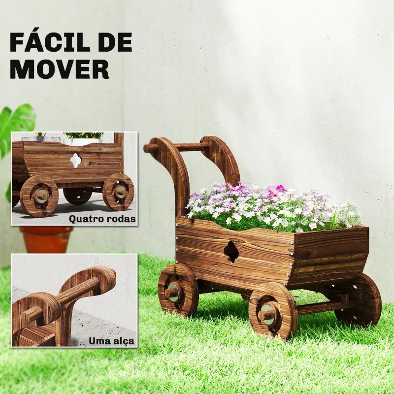 Carrinho de Madeira Decorativo Vaso Elevado com 4 Rodas Pega Orifícios de Drenagem 68x38x52 cm Carbonizado