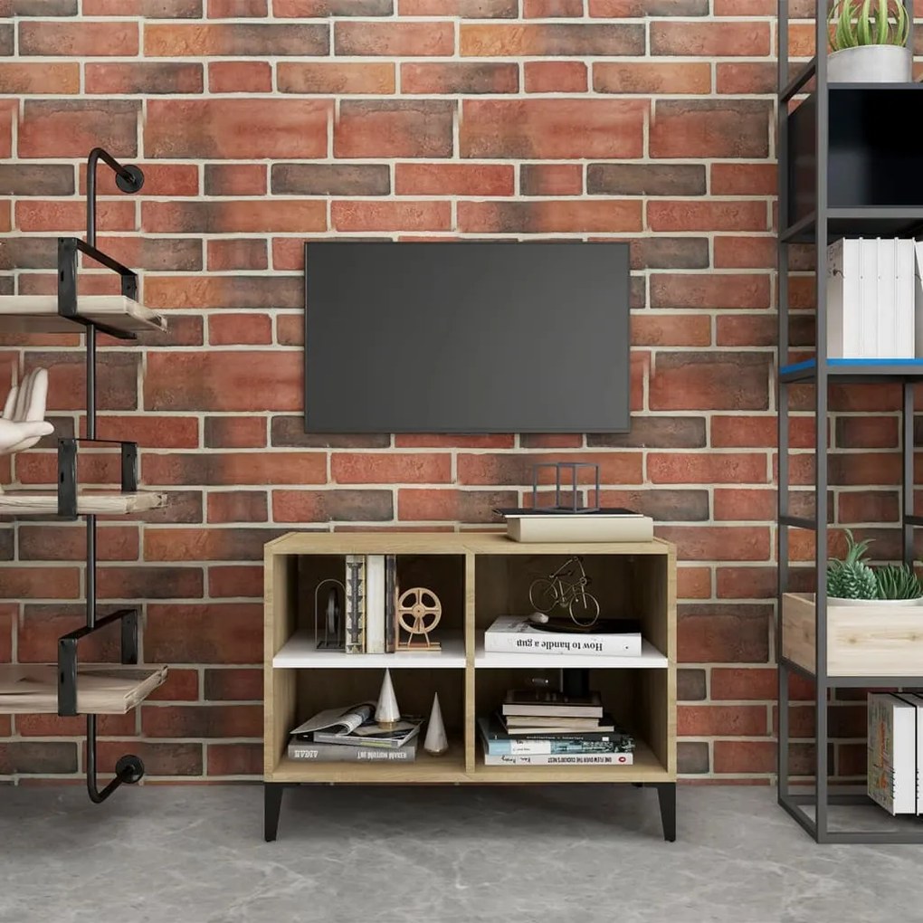 vidaXL Móvel de TV c/ pernas metal 69,5x30x50cm branco/carvalho sonoma