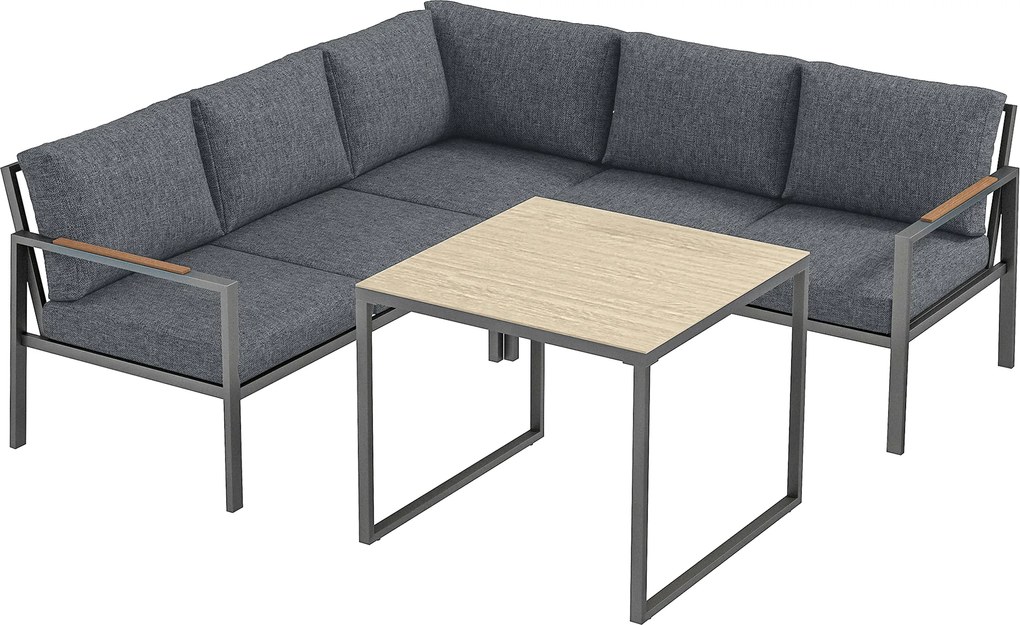 Outsunny Conjunto de Jardim Exterior 3 Peças 5 Pessoas, 2 Sofás com Almofadas Espessas, 1 Mesa de Centro, 183x183x72cm, Cinza Escuro | Aosom Portugal