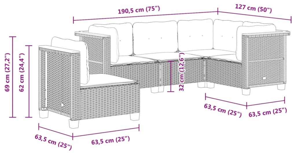 5 pcs conjunto de sofás p/ jardim com almofadões vime PE bege