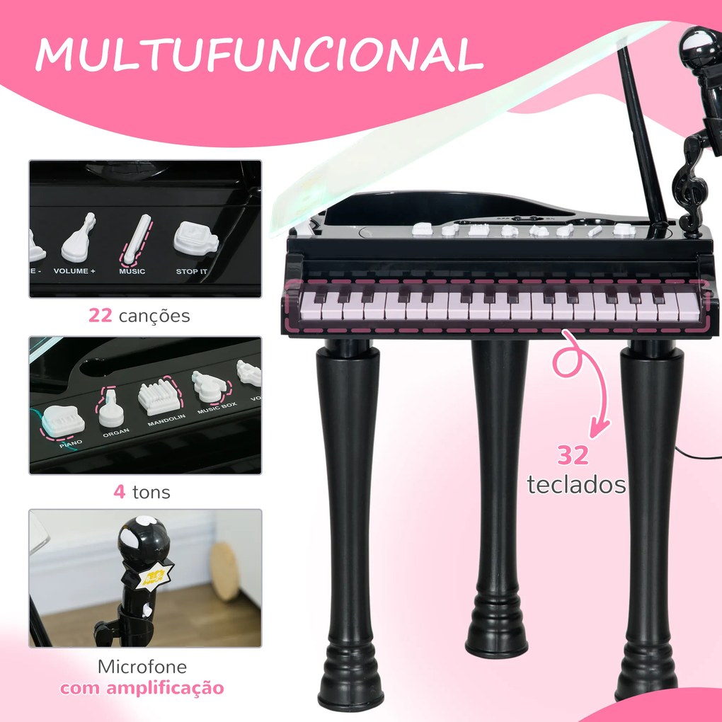 Piano Eletrónico para Crianças com 32 Teclas Microfone banco Luzes 22 Músicas 4 Tons e Volume Ajustável 37x30,5x60,4 cm Preto
