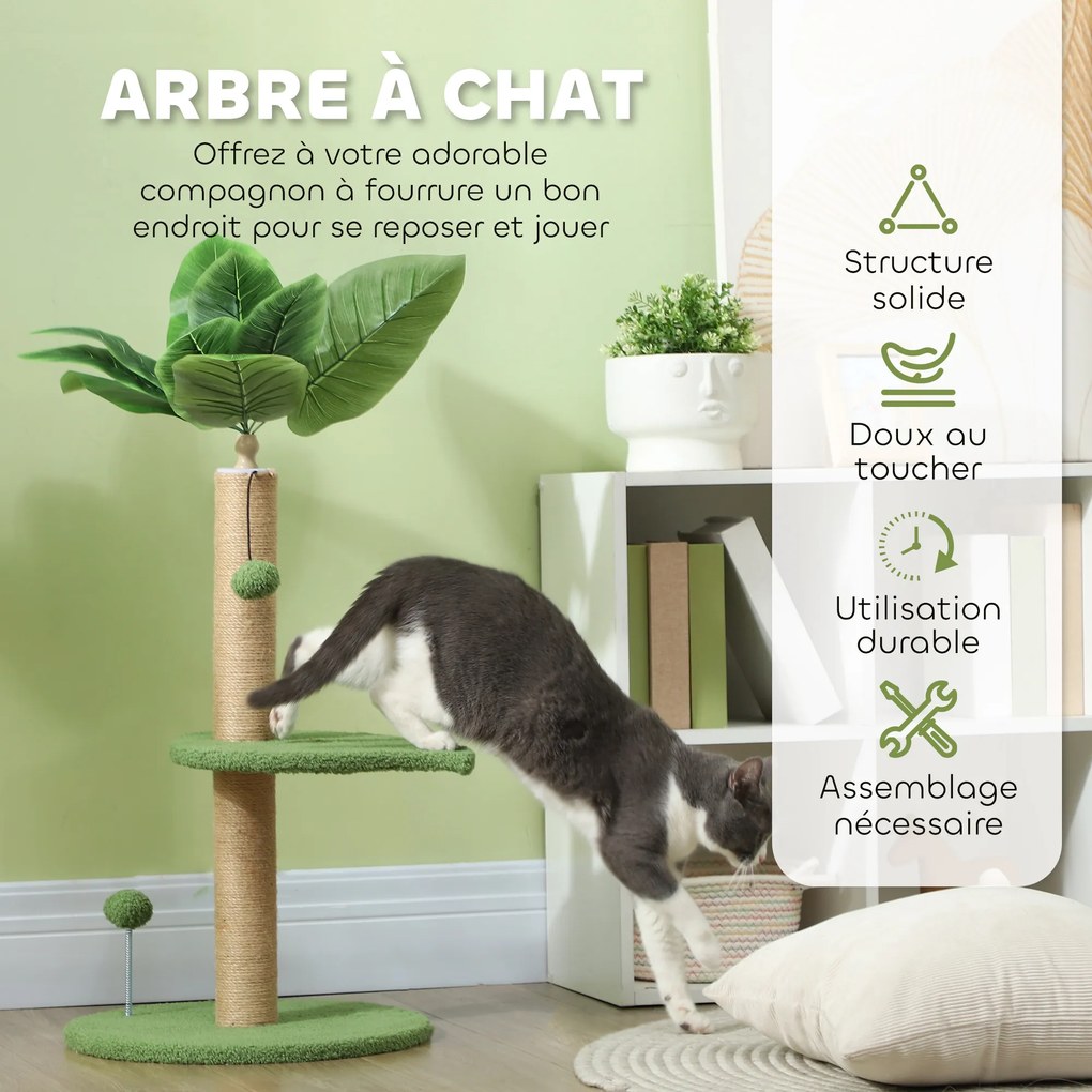 Arranhador para gatos de escalada, altura 83 cm, com arranhador de juta, bolas de brincar e plataformas de pelúcia verde