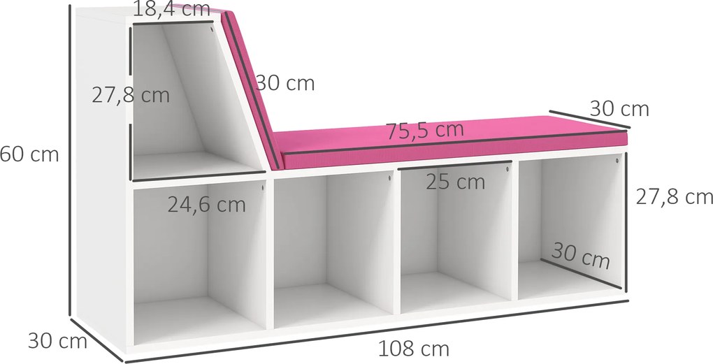 Banco-biblioteca 2 em 1 com 5 compartimentos de arrumação e 2 almofadas, 108 x 30 x 60 cm, branco e rosa
