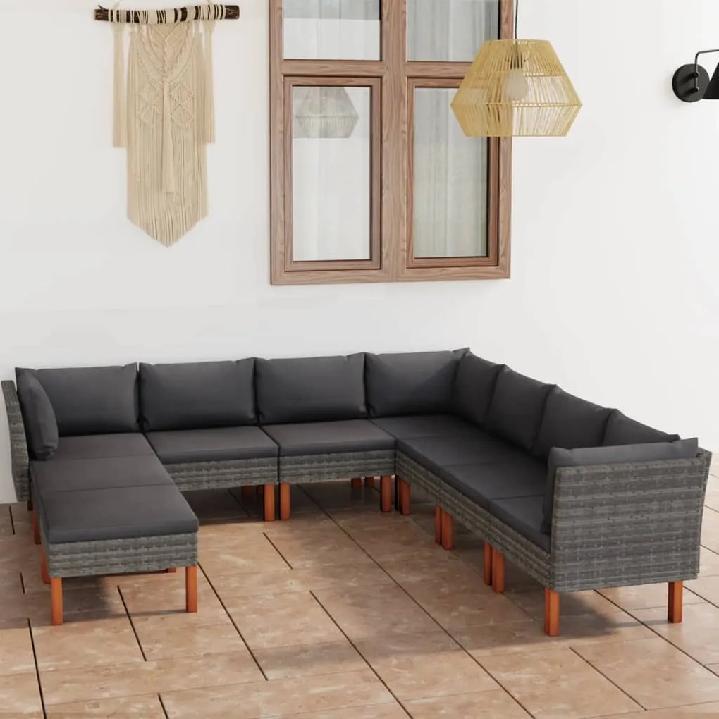 9 pcs conjunto lounge de jardim c/ almofadões vime PE cinzento