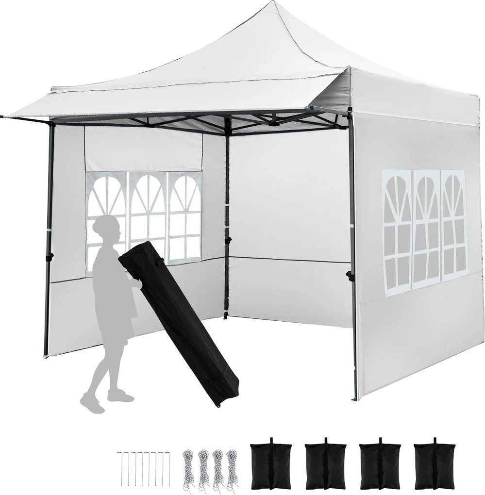 Tenda dobrável de 3x3 m com 3 paredes laterais, altura ajustável, 4 sacos de areia, cordas, estacas e saco com rodas para festas e acampamento, branca