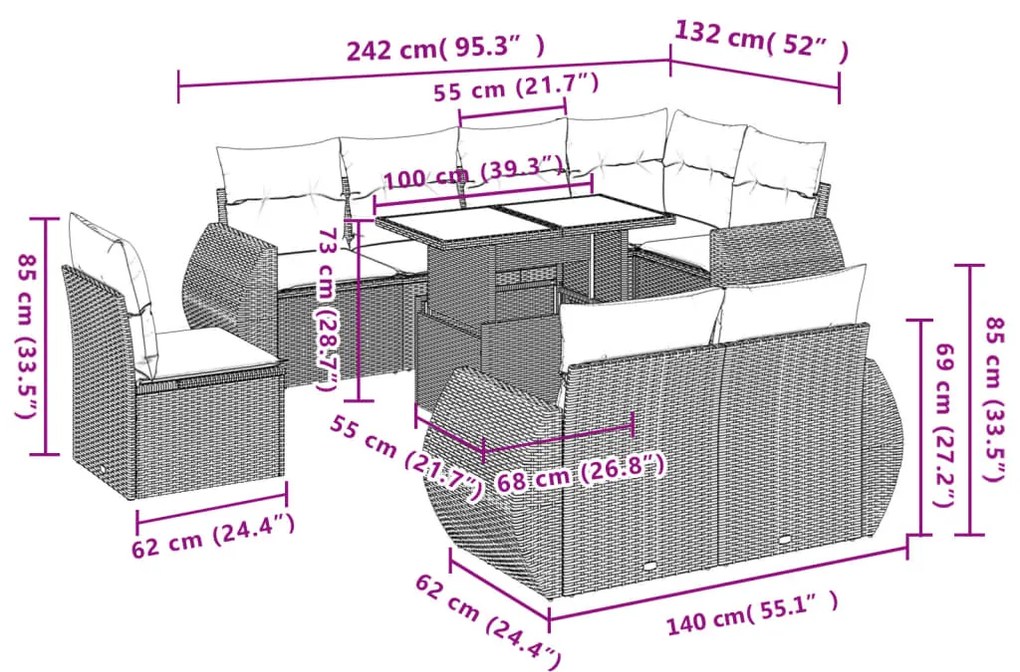 9 pcs conjunto de sofás p/ jardim com almofadões vime PE bege