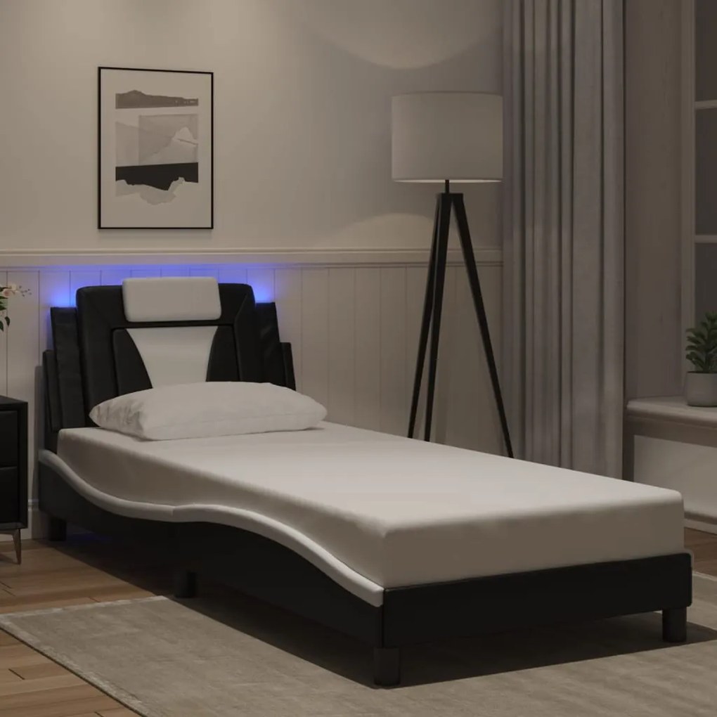 Estrutura cama c/ luzes LED 90x190 cm couro artif. preto/branco