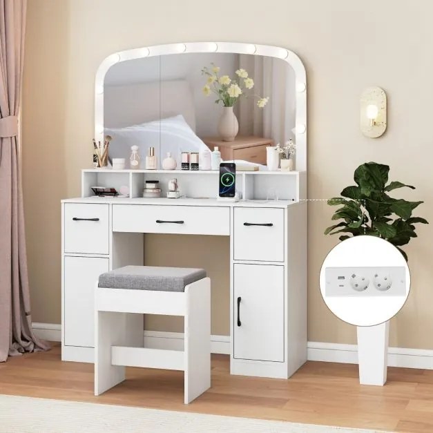 Toucador com espelho e luzes 108 x 40 x 149 cm com banco e Estação de carregamento 3 cores de luz 3 gavetas 2 armarios para quarto Branco