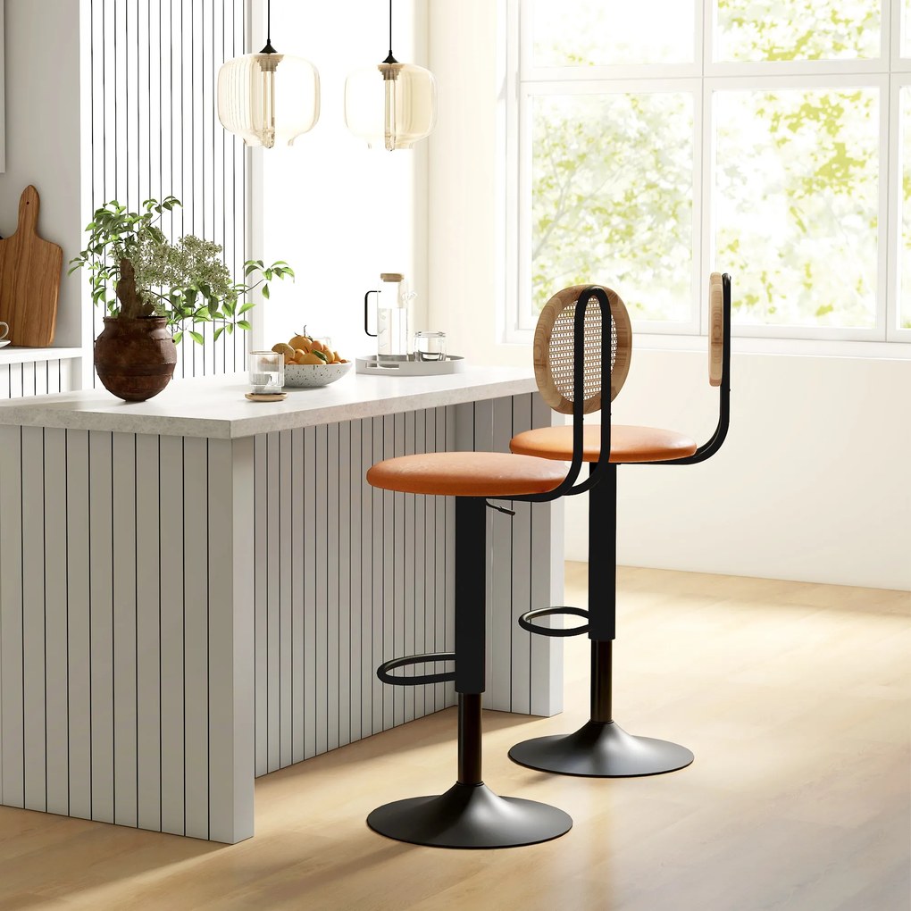 Conjunto de 2 bancos de bar com altura ajustável 40,5 x 52 x 92-113,5 cm, encosto em rattan e apoio para os pés, castanho