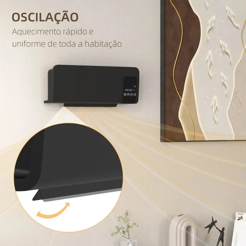 Aquecedor Elétrico de Parede - Preto - 54,5x12x21,5 cm - ABS - 1000W/2
