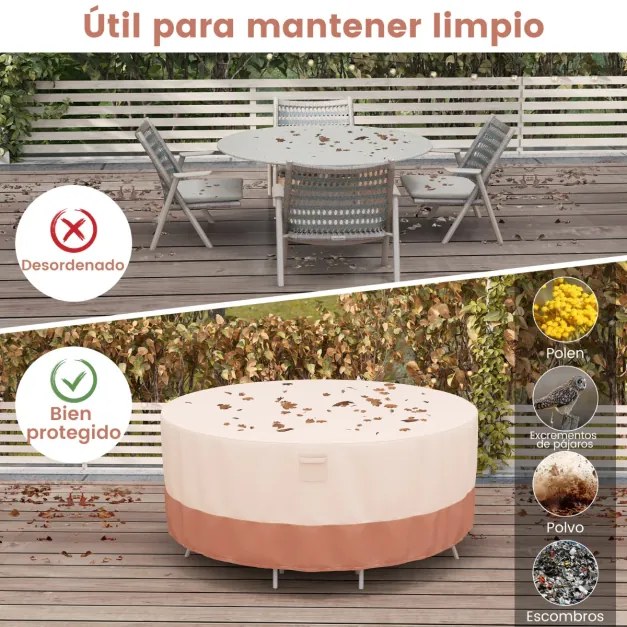 Capa impermeável para mesas redondas de exterior para conjuntos de móveis com fivelas de ventilação e cordões Cobertura impermeável 213 cm (L) Bege