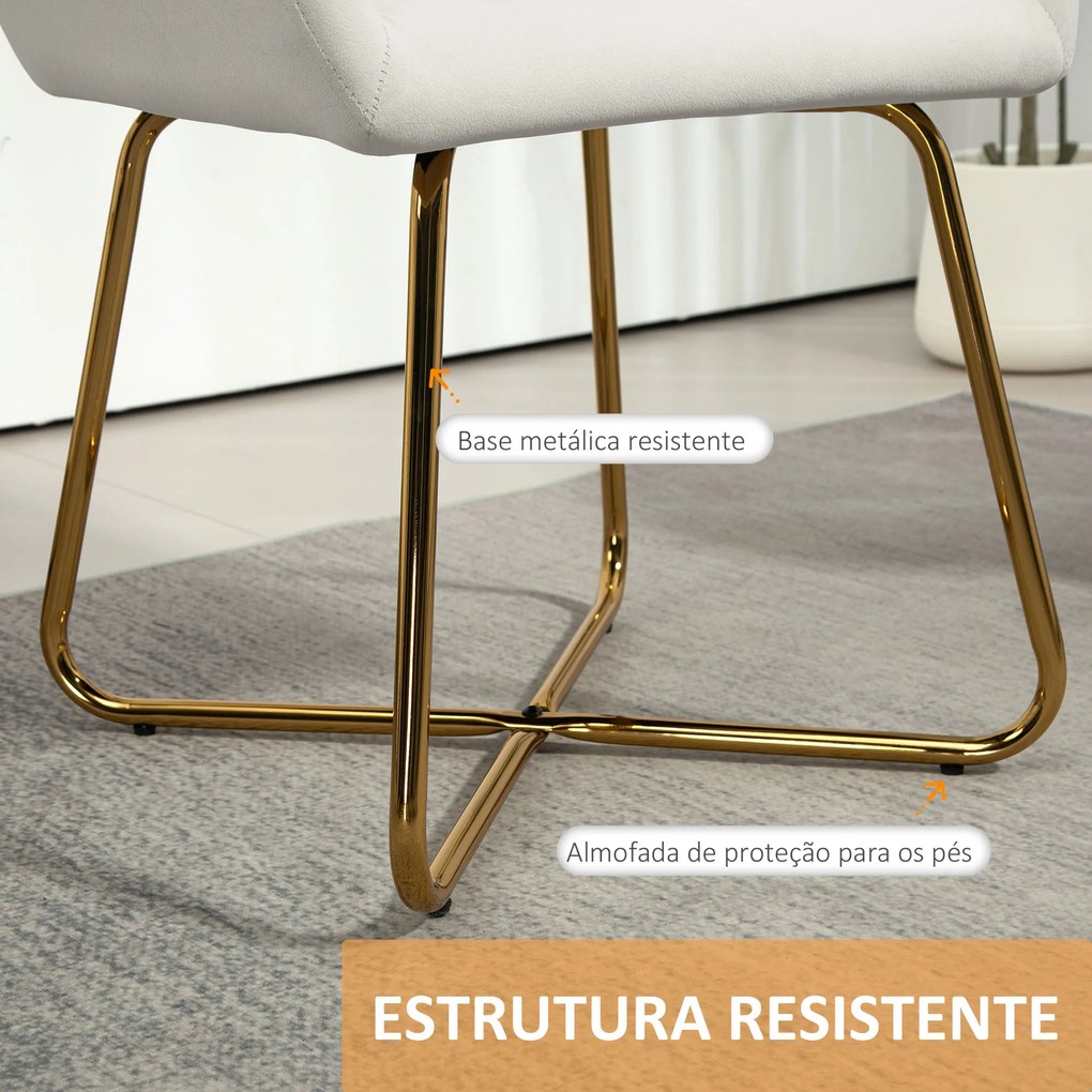 Cadeira de Sala de Jantar Estofada em Veludo com Base Metálica Cruzada Cadeira de Leitura 60x56,5x85 cm Creme