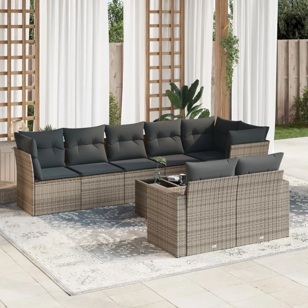 9 pcs conjunto sofás p/ jardim com almofadões vime PE cinzento