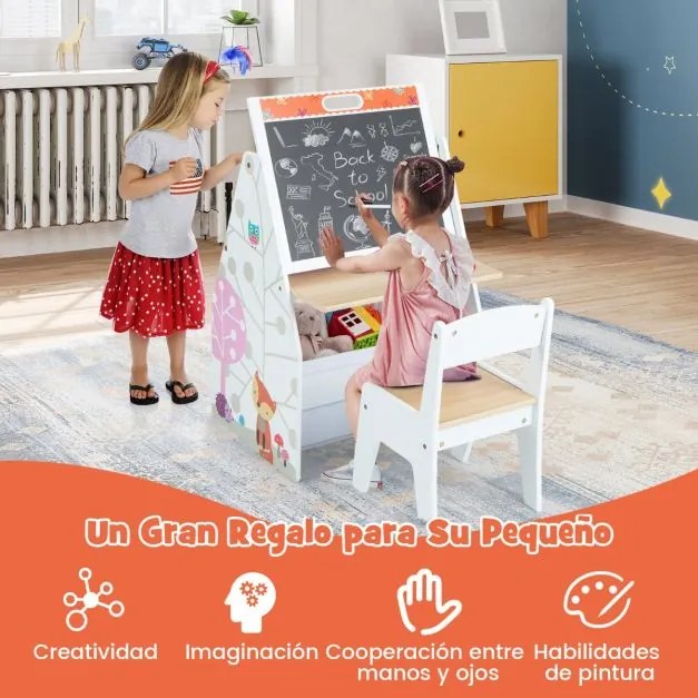 Conjunto de mesa e cadeira para crianças com 2 recipientes de pano amovíveis Quadros de giz magnéticos e quadro branco para brincar a desenhar Branca