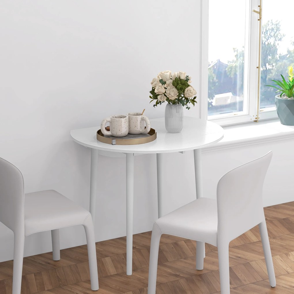 Mesa de jantar dobrável com 2 abas  Ø 89 x 73,5 cm (CADEIRAS NÃO INCLUIDAS), mesa redonda extensível para 4 pessoas, pés em madeira, branca