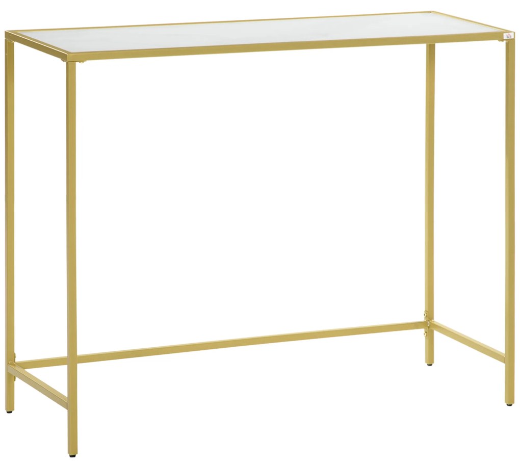 HOMCOM Mesa Consola Mesa de Entrada com Vidro e Estrutura de Aço para Corredor Sala de Estar Estilo Moderno com Anti-Rolamento Carga Máxima 25kg 100,5x35x80cm Branco e Dourado