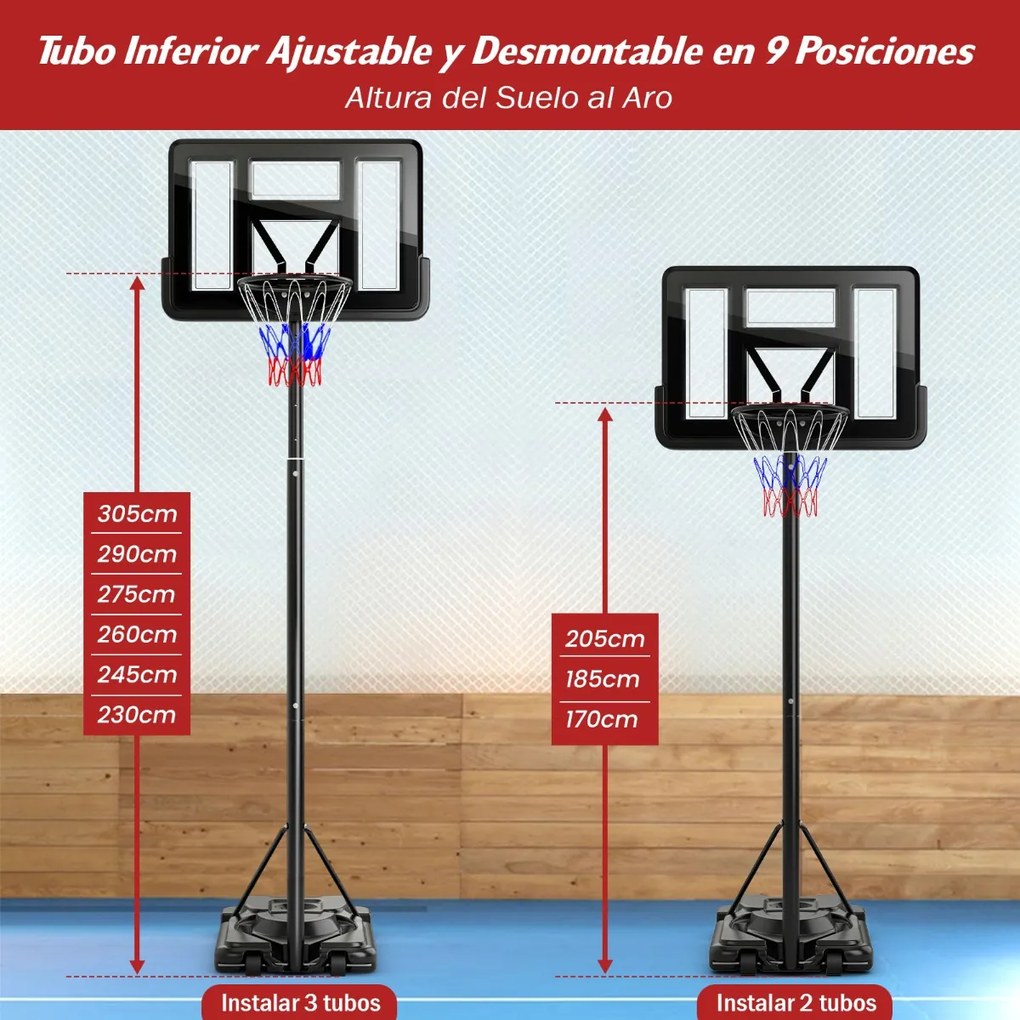 Cesto de basquetebol de 12 níveis 232-305 cm para adultos com rodas Inquebrável Preto