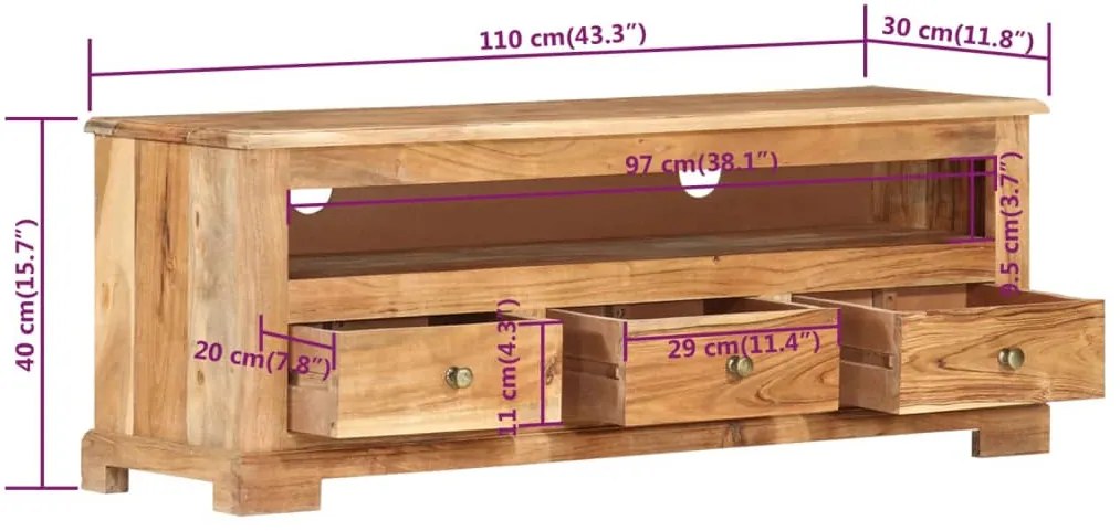 Móvel de TV madeira de acácia maciça 110x30x40 cm castanho