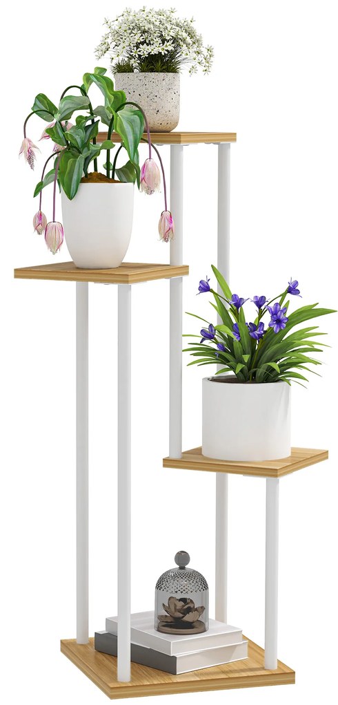 Suporte para Plantas de 4 Níveis de Madeira e Aço para Interior e Exterior 53x42x85 cm Madeira e Branco