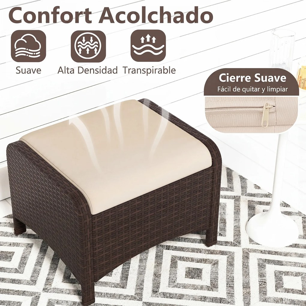 Conjunto de 2 Otomanas Retangulares para Repousa-pés, 54 x 46 x 39,5 cm, Almofadas Removíveis, Bege e Castanho