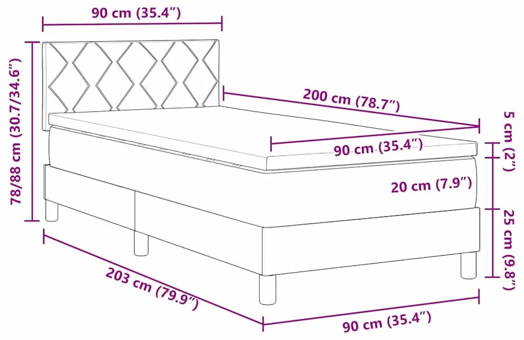 Cama Box Spring com Colchão e Luz LED Cinza Claro 90x200 cm Veludo