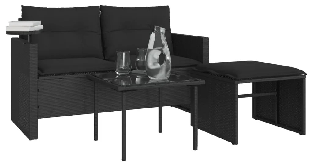 3 pcs conjunto sofás de jardim com almofadões vime PE preto