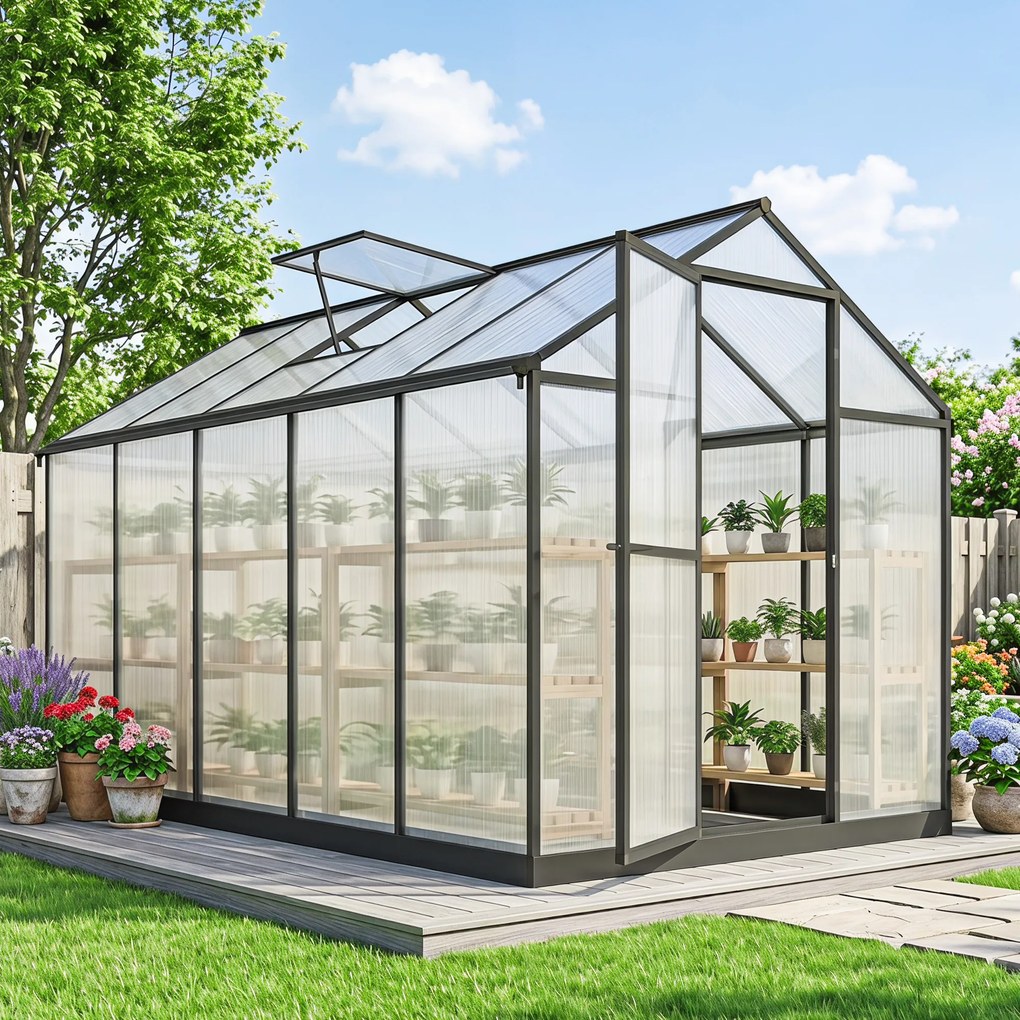 Estufa de jardim em alumínio e policarbonato, com janelas superiores ajustáveis, 303 x 183 x 195 cm, transparente