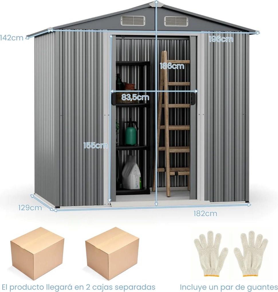Abrigo Jardim 196 x 142 cm de armazenamento para exterior com 4 ventilações Portas Rampa Luvas Organizador de ferramentas Cinza