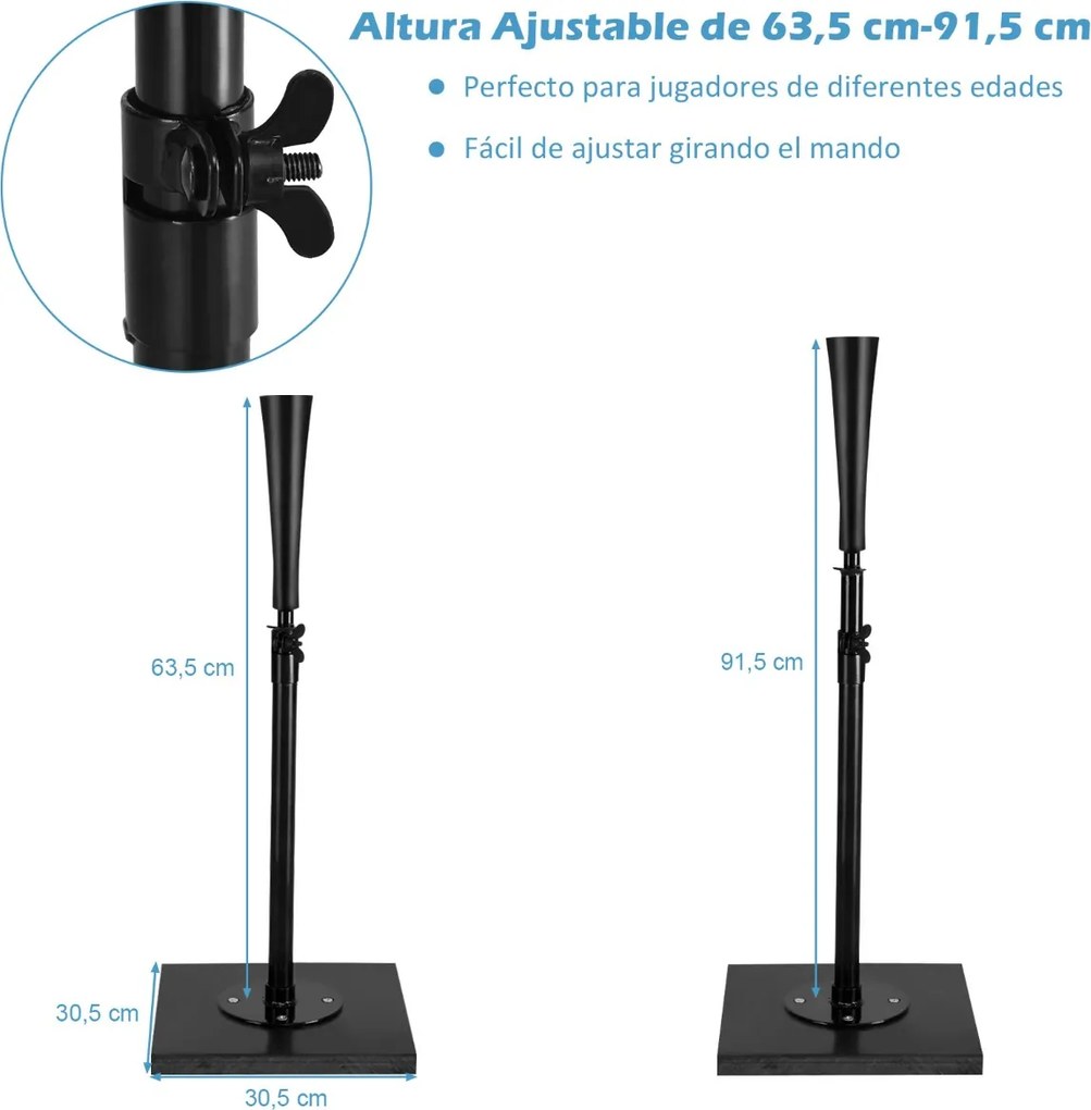 Tee para Beisebol Tee de Softball Ajustável em Altura de 63,5 a 91,5 cm com Base Preta