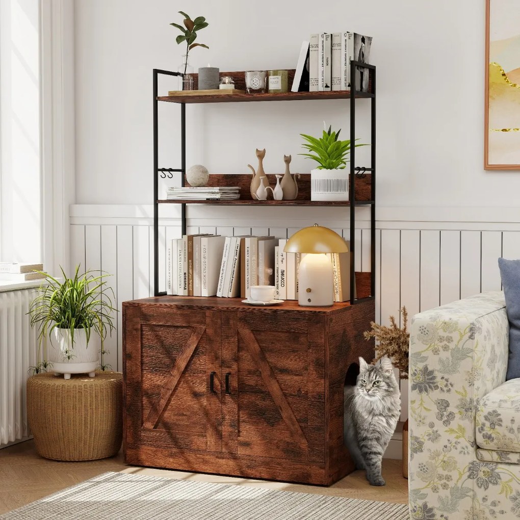 Móvel para caixa de areia para gatos (NÃO INCLUIDA) 80 x 48 x 145 cm com estantes de 3 níveis 4 ganchos Armário com 2 portas sala estar castanho