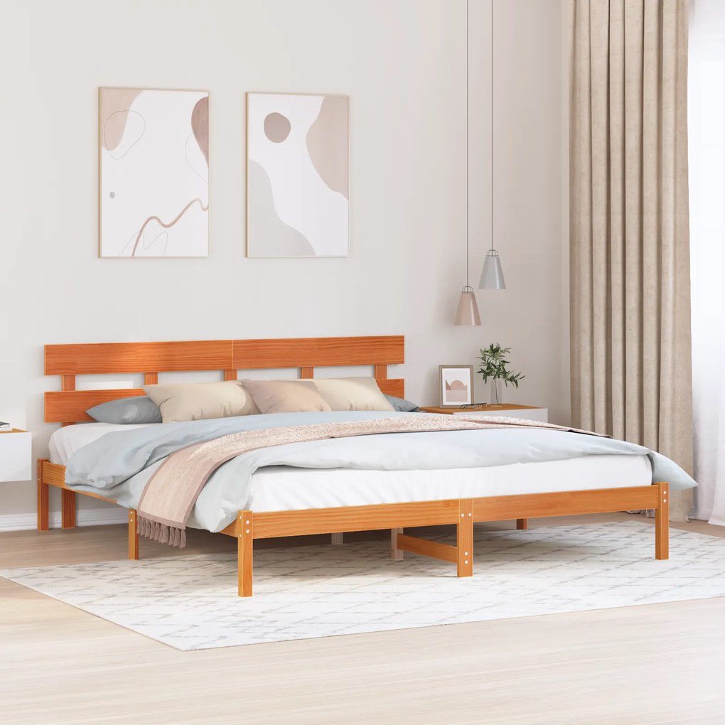 vidaXL Estrado de Cama com Cabeceira Castanha de Cera 180x200 cm Madeira de Pinho