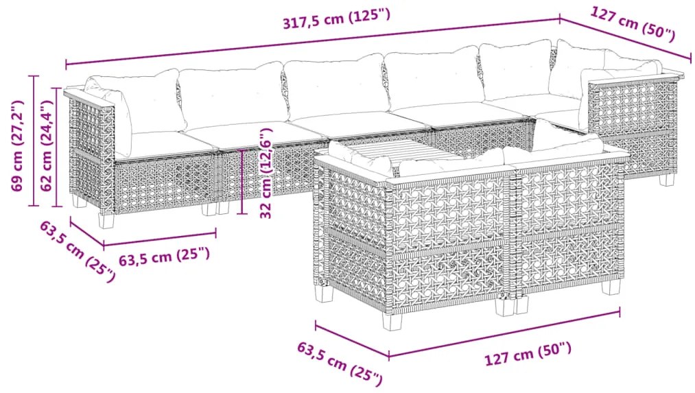 9 pcs conjunto sofás p/ jardim com almofadões vime PE cinzento