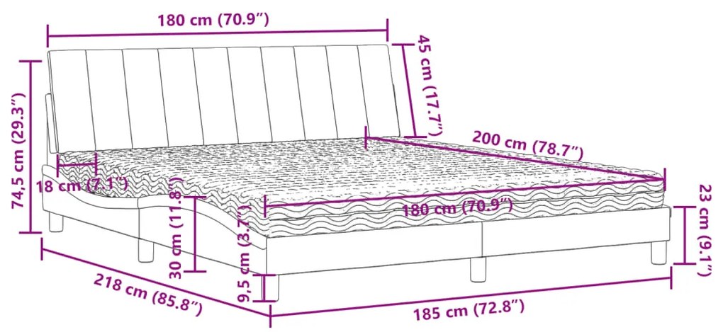 Cama com colchão 180x200 cm veludo cinzento-claro