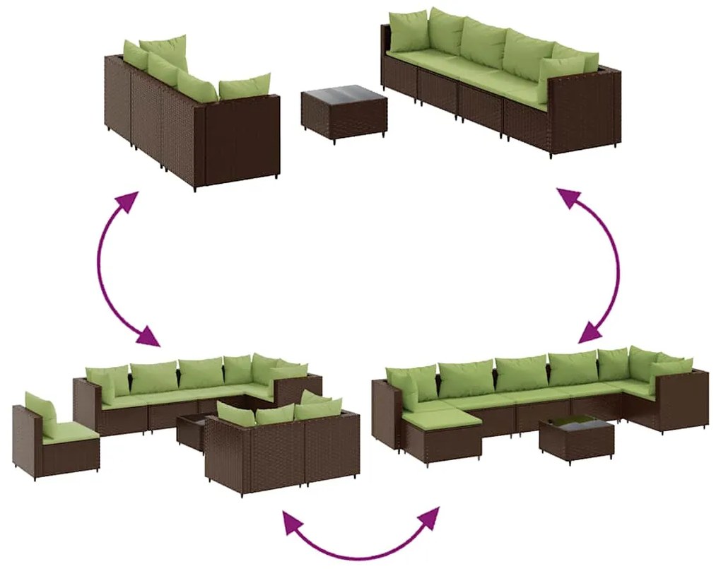 8 pcs conjunto lounge de jardim c/ almofadões vime PE castanho