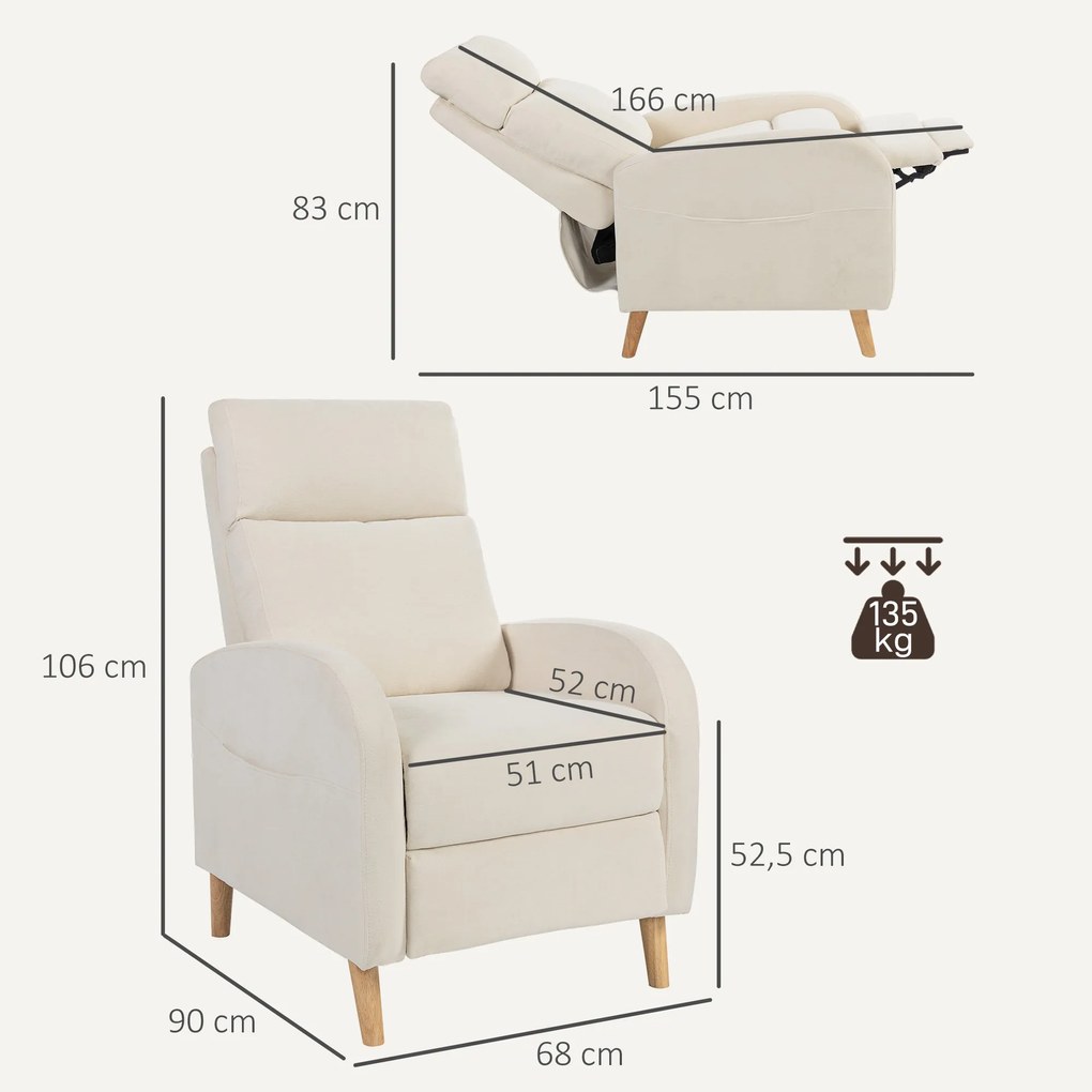 Poltrona Relax Reclinável Manual Estofada em Linho Sintético com Apoio para os Pés e Bolso Lateral 68x90x106 cm Creme
