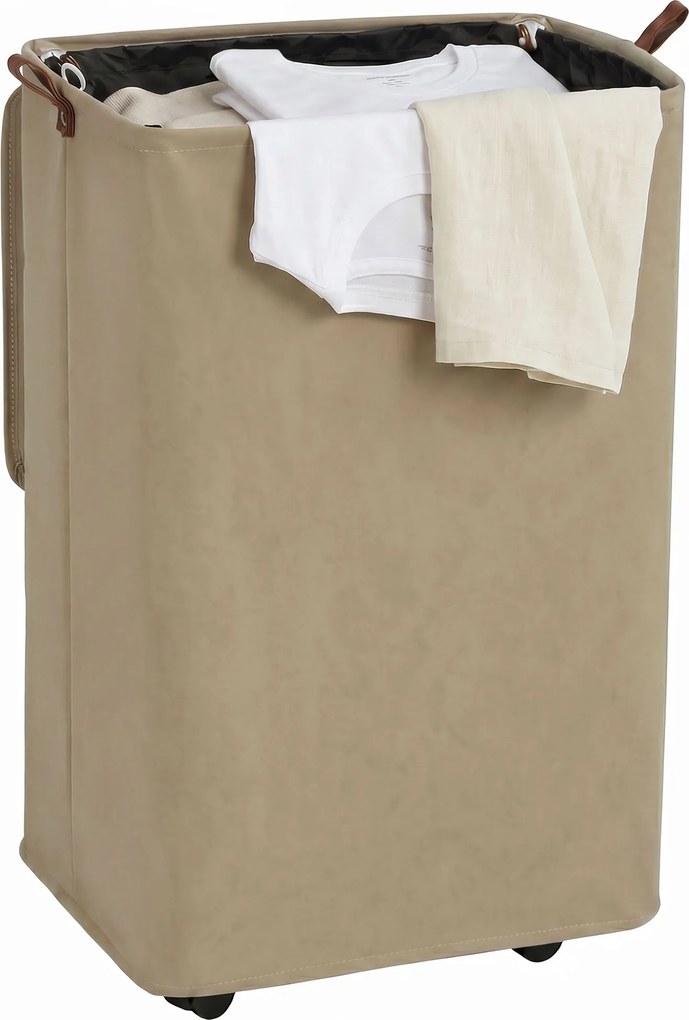 Cesto de Roupa Suja com Tampa e Rodas, 50L, Dobrável com Bolsa com Cordão Removível, 40x30x65 cm, Castanho