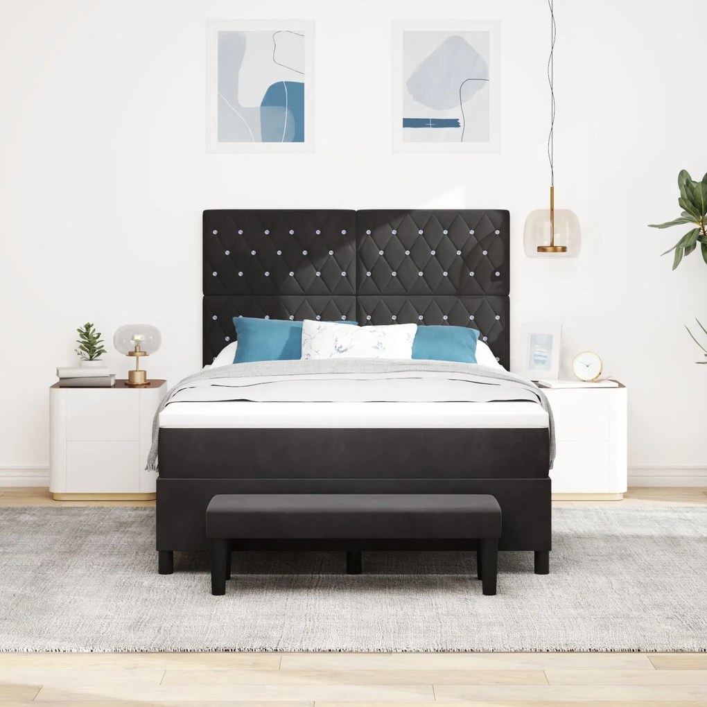 Cama Box com Colchão e Banco Preto 140x200 cm Veludo