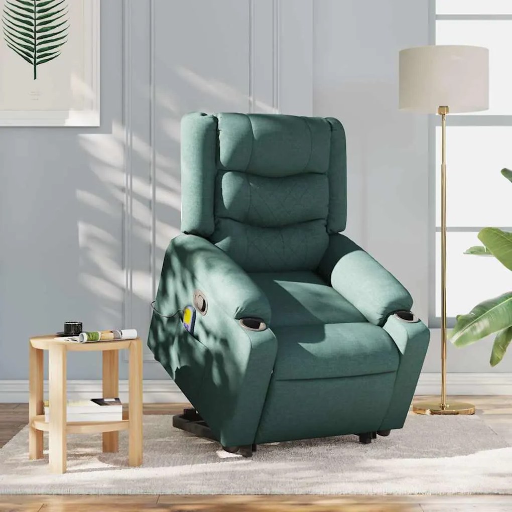 Poltrona reclinável elevatória de massagens tecido verde-escuro
