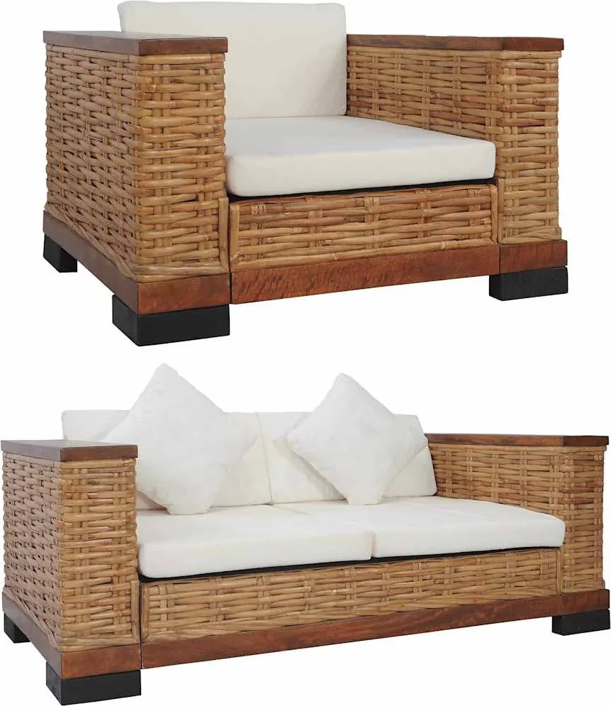 3 pcs conjunto de sofás com almofadões vime natural castanho