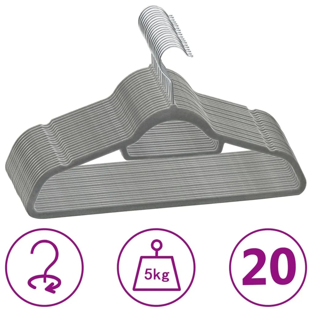 20 pcs conjunto de cabides antiderrapantes veludo cinzento