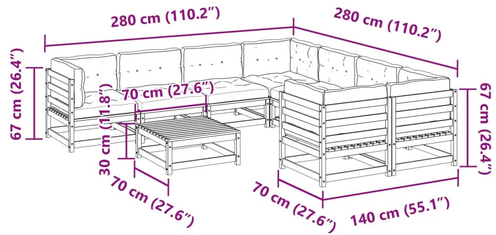 9 pcs conjunto sofás de jardim com almofadões pinho maciço